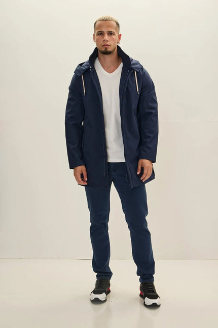Men's Hooded Rain Slicker Jacket - Navy | Ron Tomson