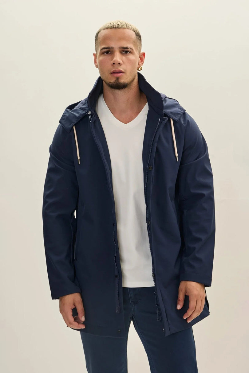 Men's Hooded Rain Slicker Jacket - Navy | Ron Tomson