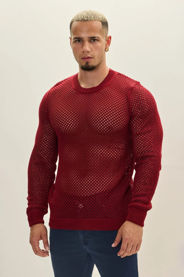 Men's Fishnet Muscle Fit Top - Burgundy | Ron Tomson