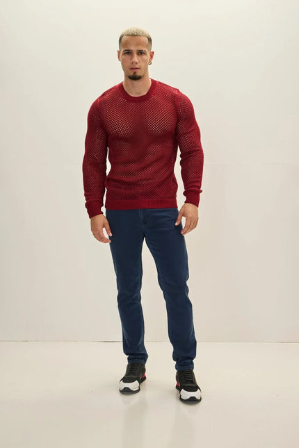 Men's Fishnet Muscle Fit Top - Burgundy | Ron Tomson
