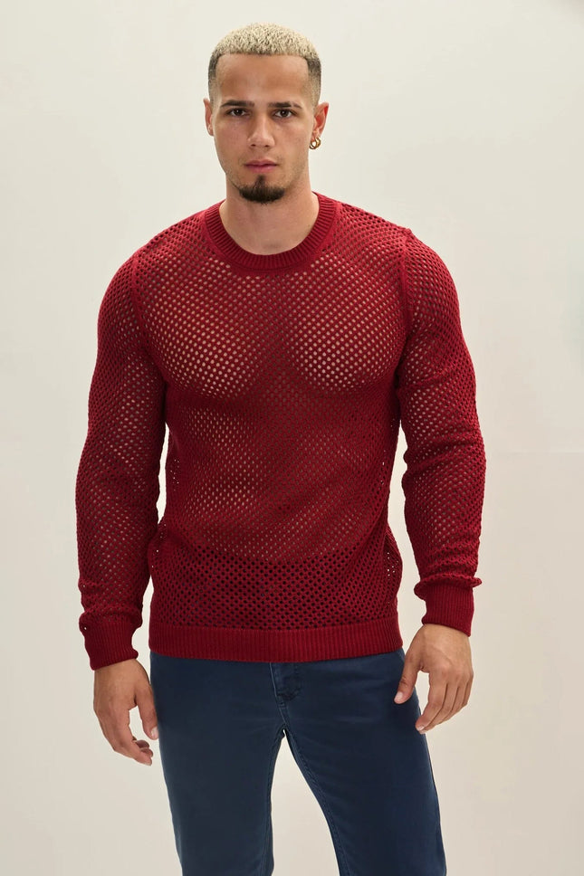 Men's Fishnet Muscle Fit Top - Burgundy | Ron Tomson
