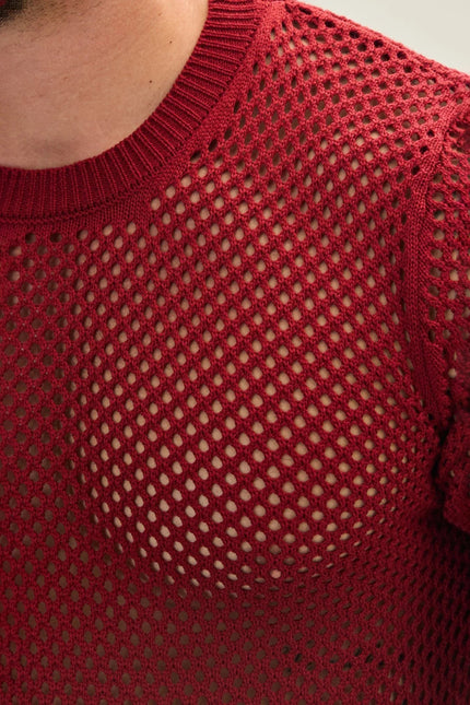 Men's Fishnet Muscle Fit Top - Burgundy | Ron Tomson