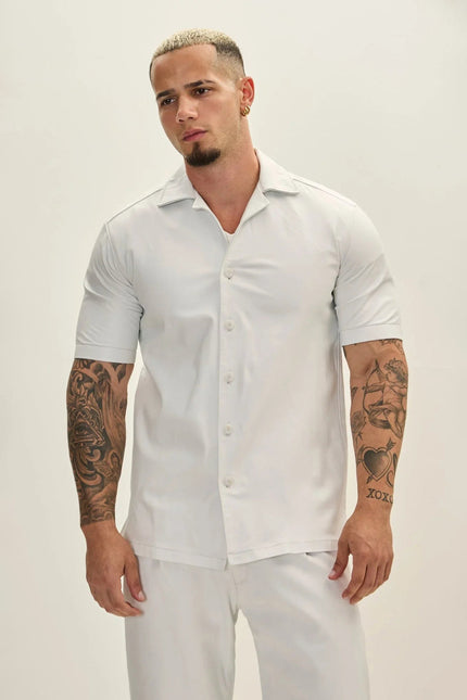 Men's Short-Sleeve Lambskin Leather Shirt - White | Ron Tomson
