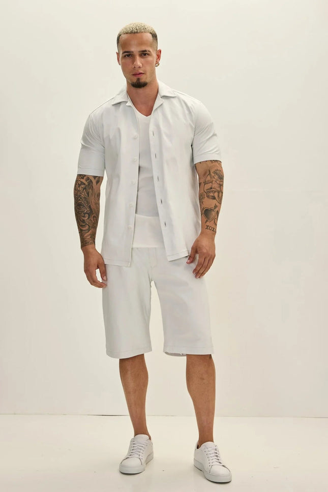 Men's Short-Sleeve Lambskin Leather Shirt - White | Ron Tomson