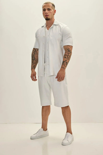 Men's Short-Sleeve Lambskin Leather Shirt - White | Ron Tomson