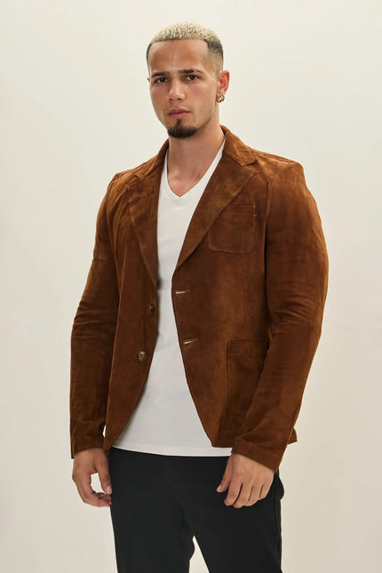 Men's Notch Lapel Suede Blazer - Brown | Ron Tomson
