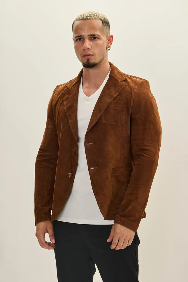 Men's Notch Lapel Suede Blazer - Brown | Ron Tomson