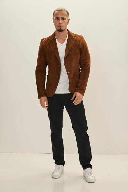 Men's Notch Lapel Suede Blazer - Brown | Ron Tomson