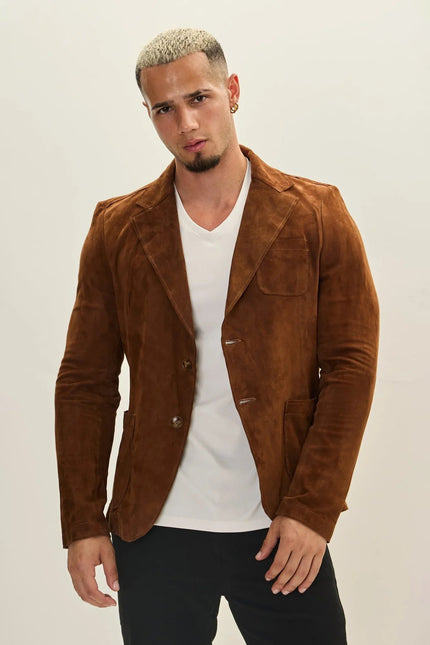 Men's Notch Lapel Suede Blazer - Brown | Ron Tomson