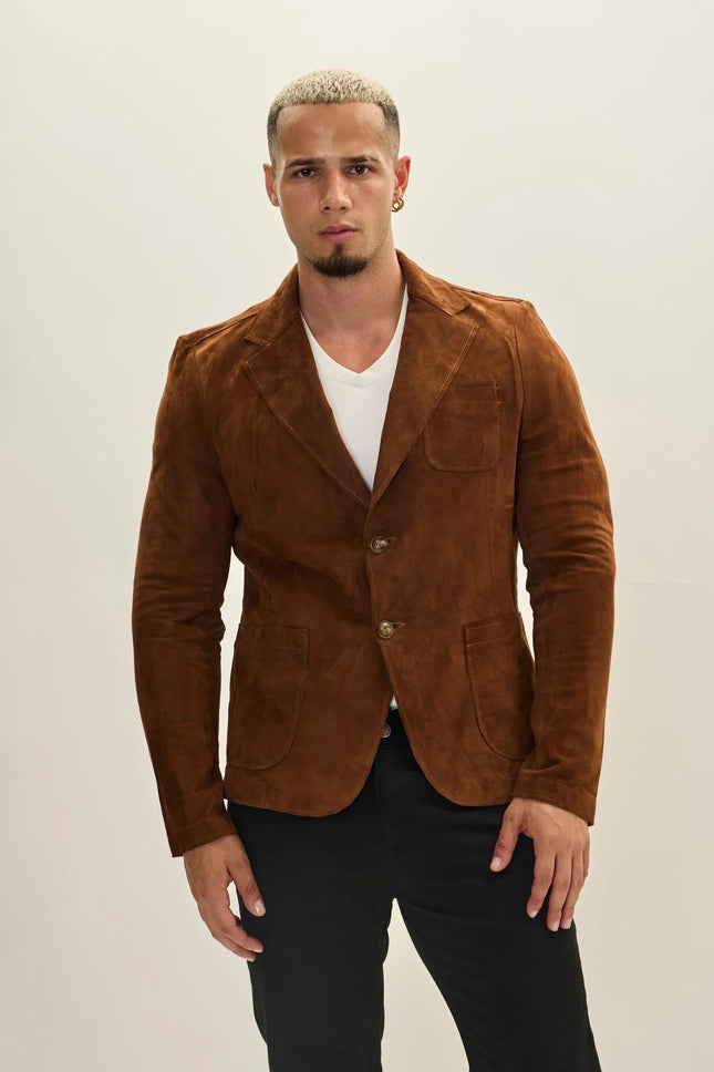 Men's Notch Lapel Suede Blazer - Brown | Ron Tomson