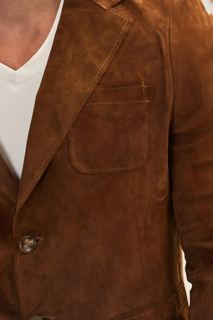 Men's Notch Lapel Suede Blazer - Brown | Ron Tomson