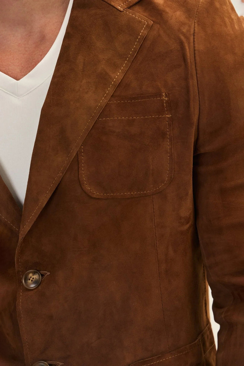 Men's Notch Lapel Suede Blazer - Brown | Ron Tomson