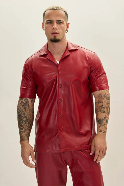 Men's Short-Sleeve Leather Shirt Jacket - Red | Ron Tomson
