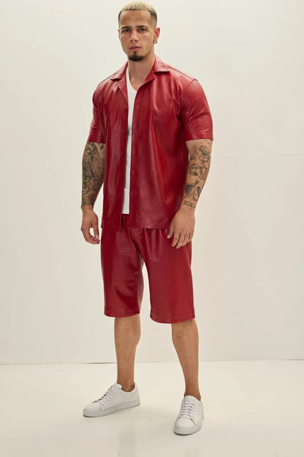 Men's Short-Sleeve Leather Shirt Jacket - Red | Ron Tomson