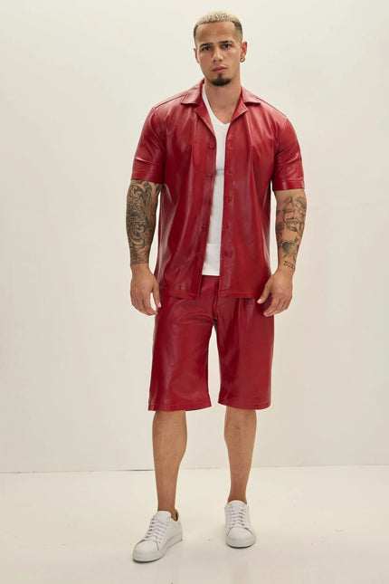 Men's Short-Sleeve Leather Shirt Jacket - Red | Ron Tomson