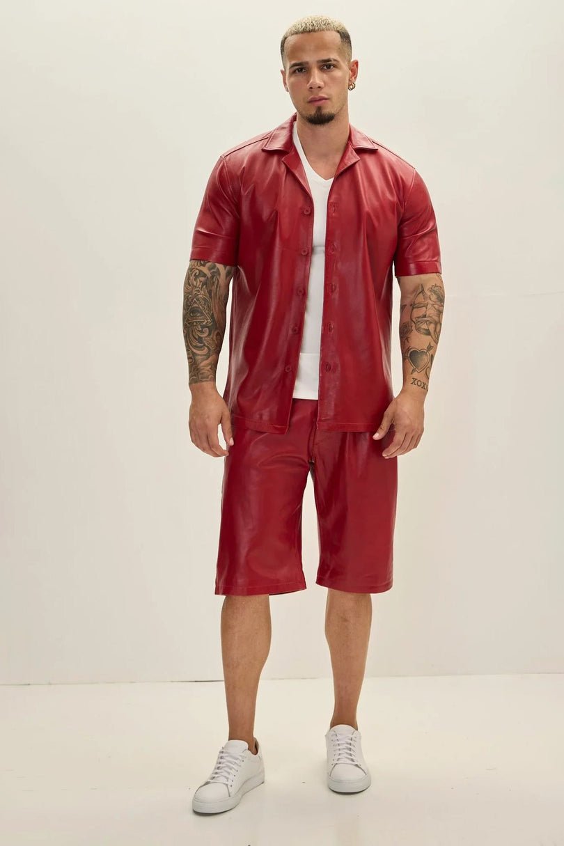 Men's Short-Sleeve Leather Shirt Jacket - Red | Ron Tomson