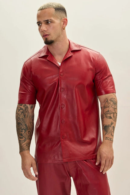 Men's Short-Sleeve Leather Shirt Jacket - Red | Ron Tomson