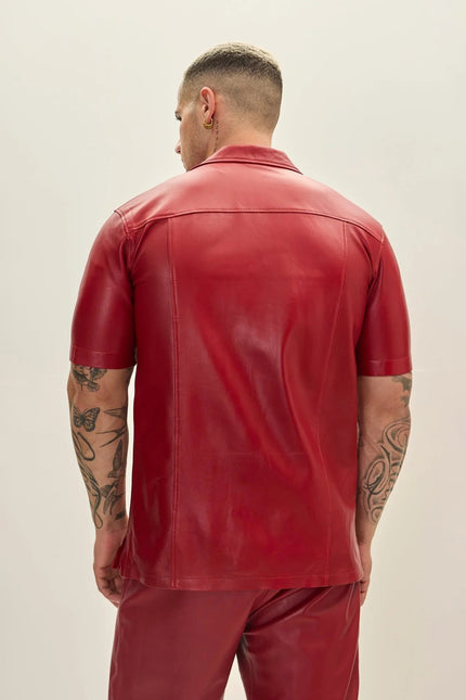 Men's Short-Sleeve Leather Shirt Jacket - Red | Ron Tomson