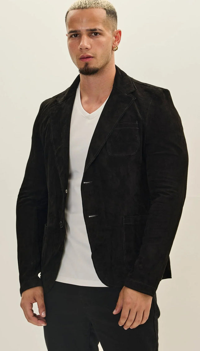 Suede Leather Notch Lapel Blazer - Black