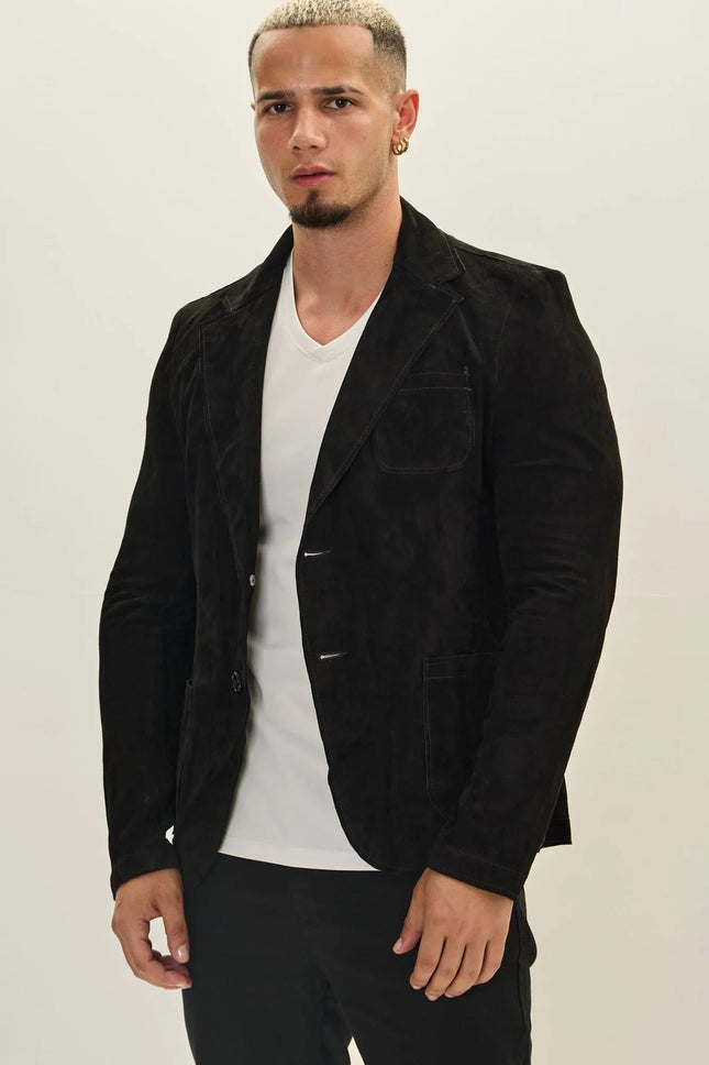 Men's Suede Leather Notch Lapel Blazer - Black | Ron Tomson