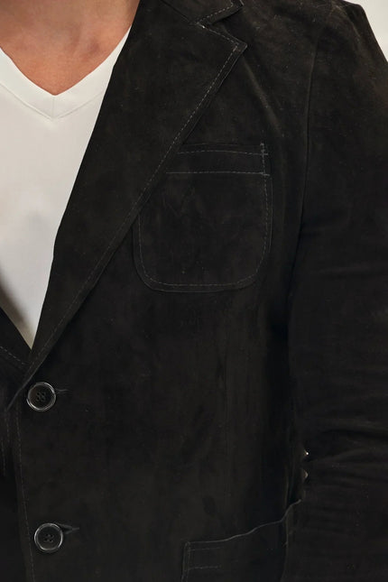 Men's Suede Leather Notch Lapel Blazer - Black | Ron Tomson