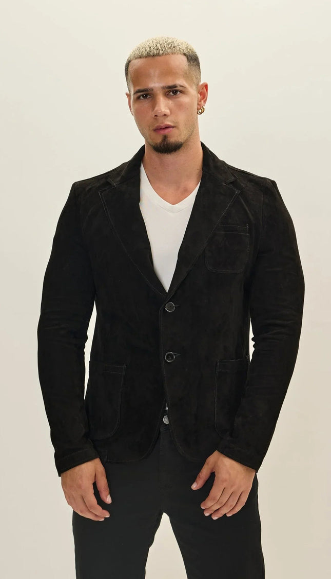 Suede Leather Notch Lapel Blazer - Black