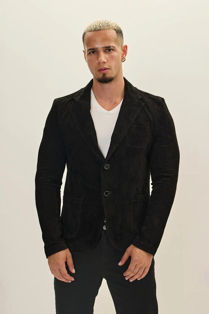 Men's Suede Leather Notch Lapel Blazer - Black | Ron Tomson