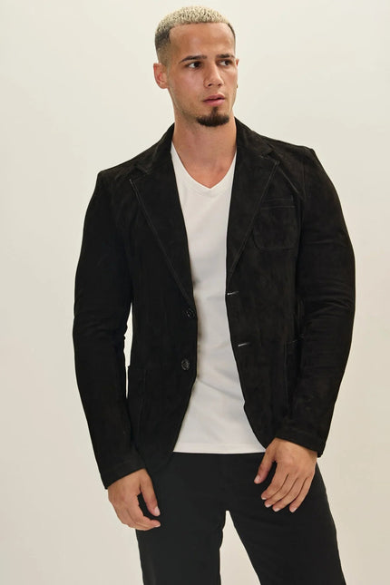 Men's Suede Leather Notch Lapel Blazer - Black | Ron Tomson