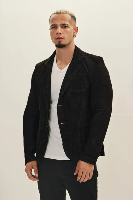 Men's Suede Leather Notch Lapel Blazer - Black | Ron Tomson