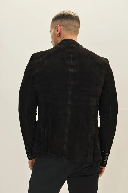 Men's Suede Leather Notch Lapel Blazer - Black | Ron Tomson