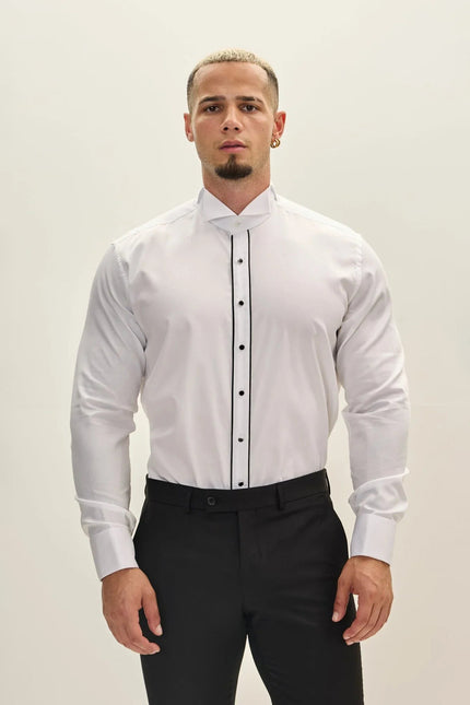 Men's Striped Wing Collar Tuxedo Shirt - White | Ron Tomson