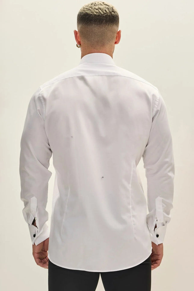 Men's Striped Wing Collar Tuxedo Shirt - White | Ron Tomson