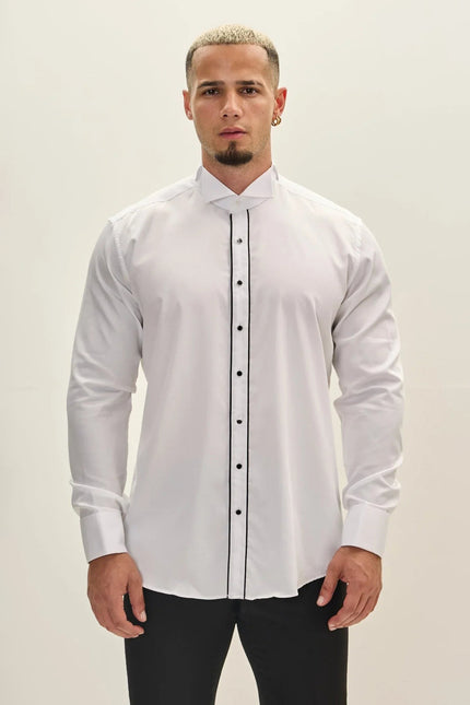 Men's Striped Wing Collar Tuxedo Shirt - White | Ron Tomson