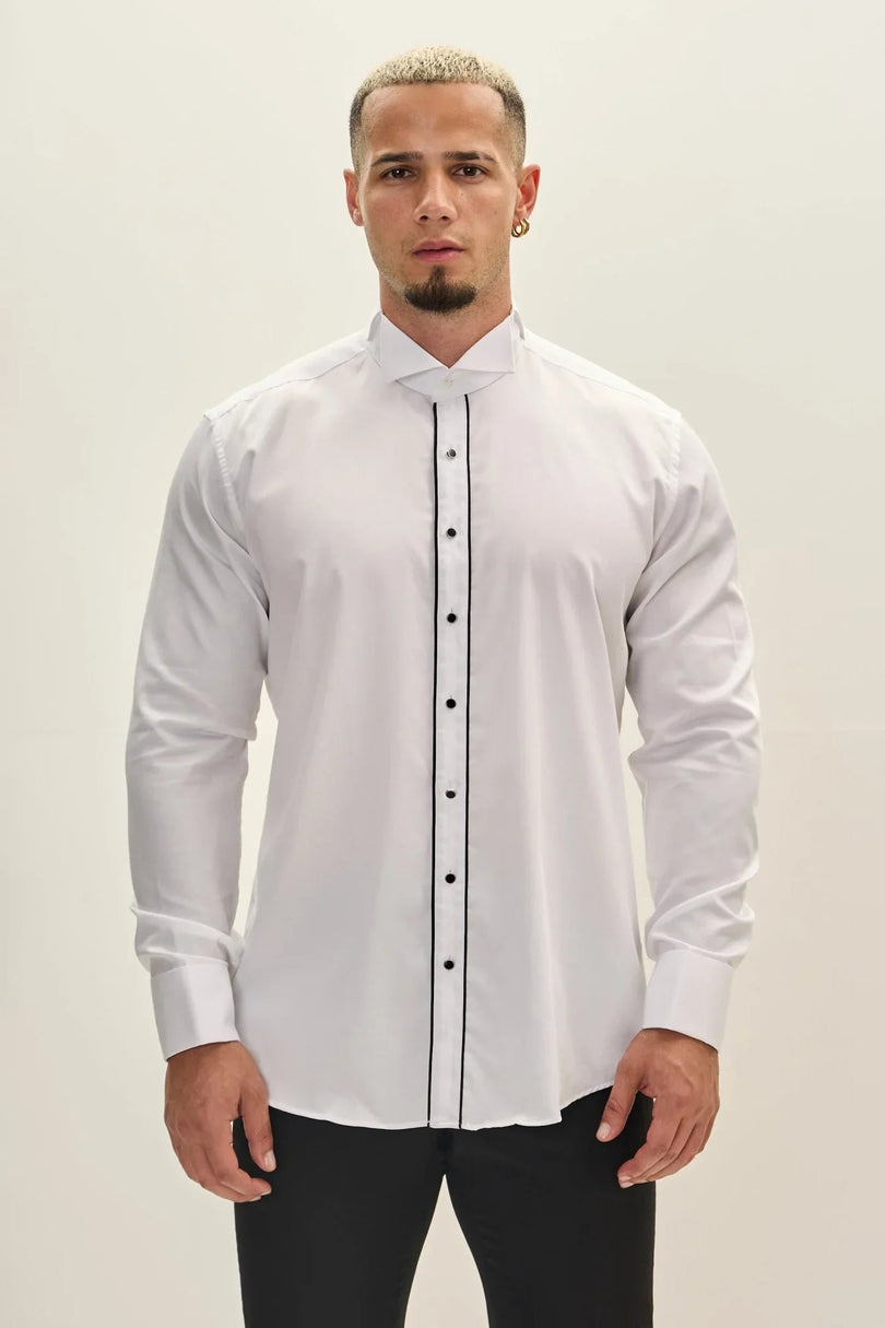 Men's Striped Wing Collar Tuxedo Shirt - White | Ron Tomson
