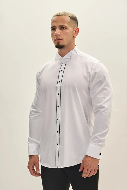 Men's Striped Wing Collar Tuxedo Shirt - White | Ron Tomson