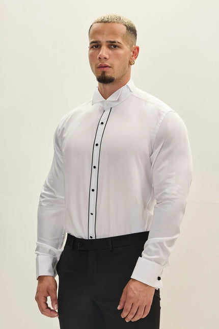 Men's Striped Wing Collar Tuxedo Shirt - White | Ron Tomson