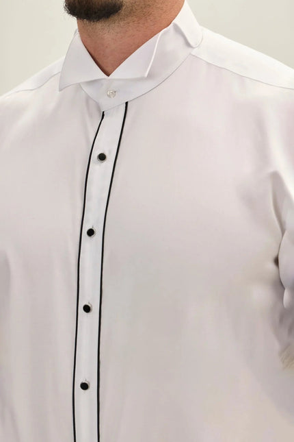 Men's Striped Wing Collar Tuxedo Shirt - White | Ron Tomson