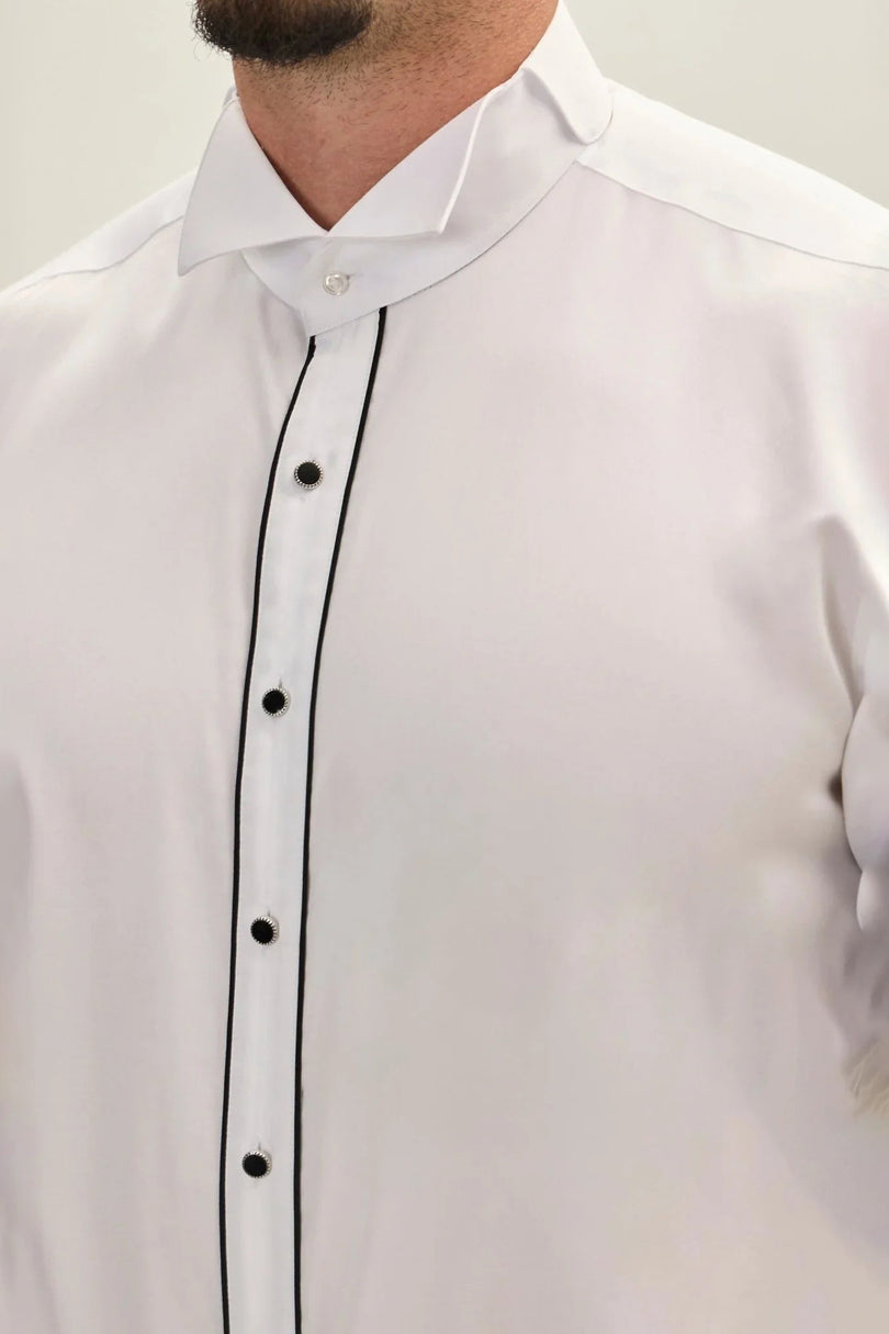 Men's Striped Wing Collar Tuxedo Shirt - White | Ron Tomson