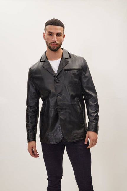 Men's Three-Button Leather Blazer - Black | Ron Tomson