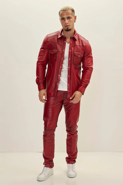 Men's Genuine Lambskin Leather Shirt - Red Tint - Ron Tomson
