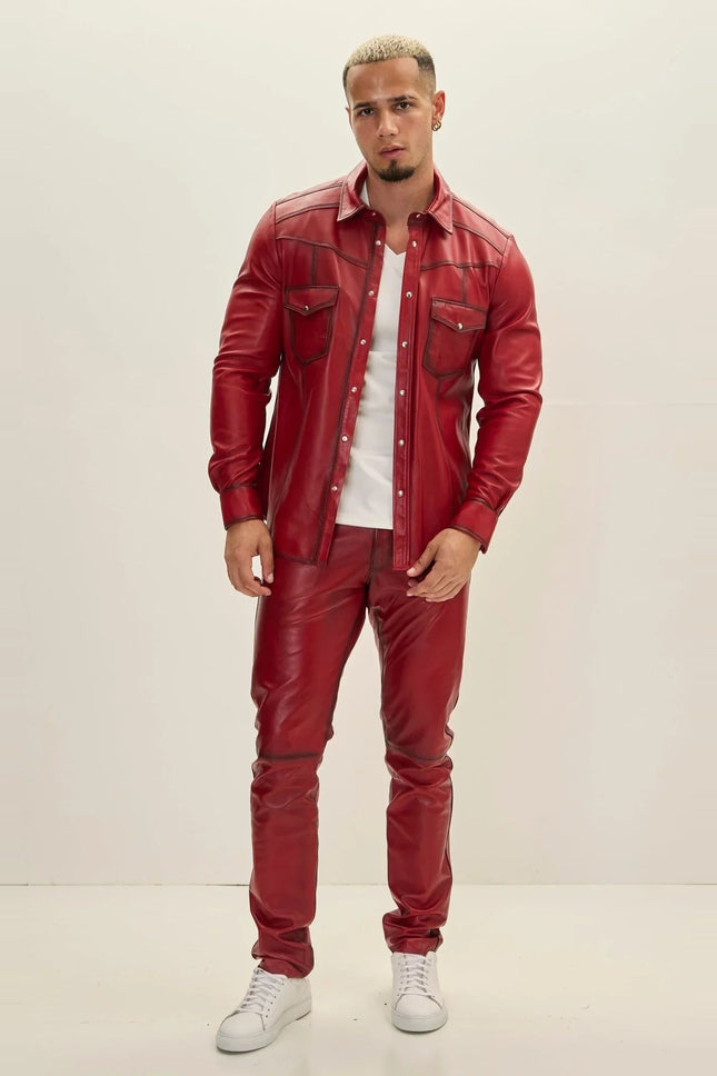 Men's Genuine Lambskin Leather Shirt - Red Tint - Ron Tomson
