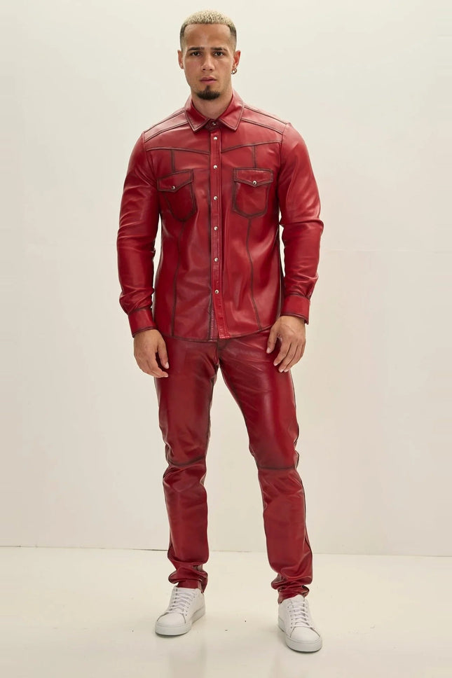 Men's Genuine Lambskin Leather Shirt - Red Tint - Ron Tomson Leather