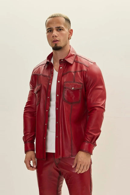 Men's Genuine Lambskin Leather Shirt - Red Tint - Ron Tomson Leather
