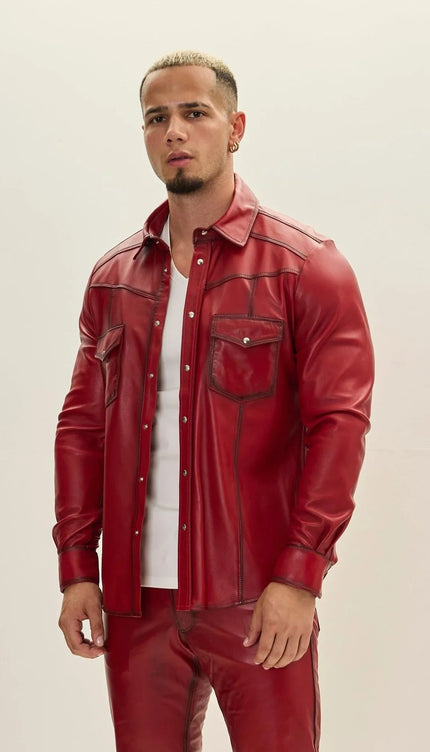 Men's Lambskin Leather Shirt - RED TINT
