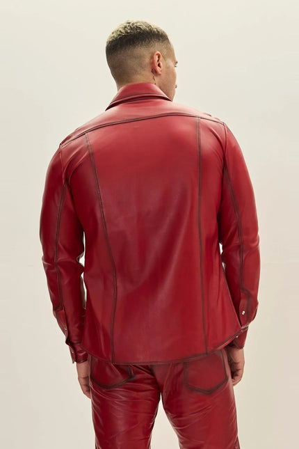 Men's Genuine Lambskin Leather Shirt - Red Tint - Ron Tomson Leather