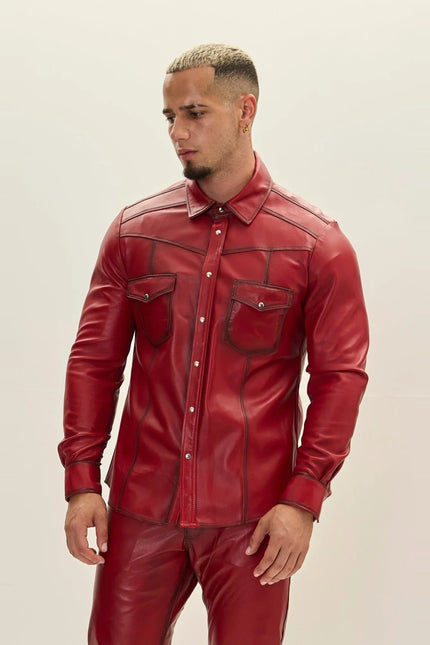 Men's Genuine Lambskin Leather Shirt - Red Tint - Ron Tomson Leather