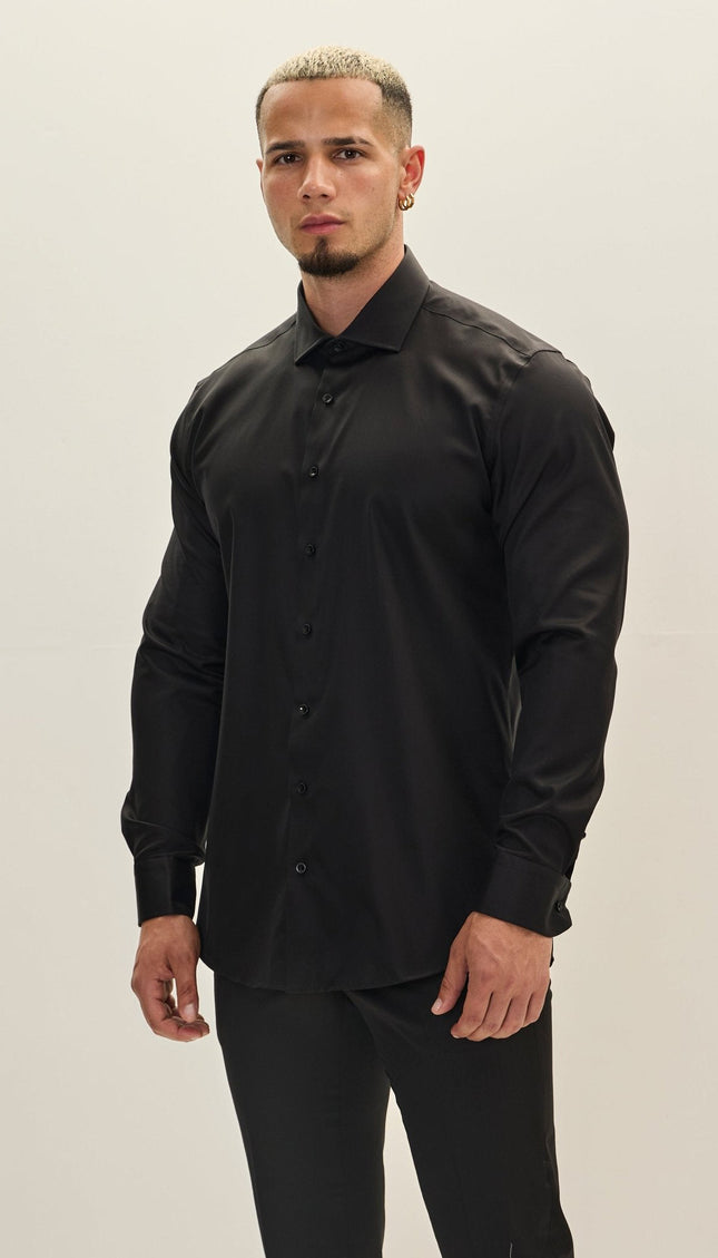 Cotton Spread Collar Dress Shirt - Black