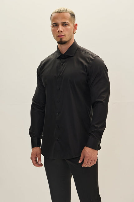 Men's Cotton Spread Collar Dress Shirt - Black | Ron Tomson