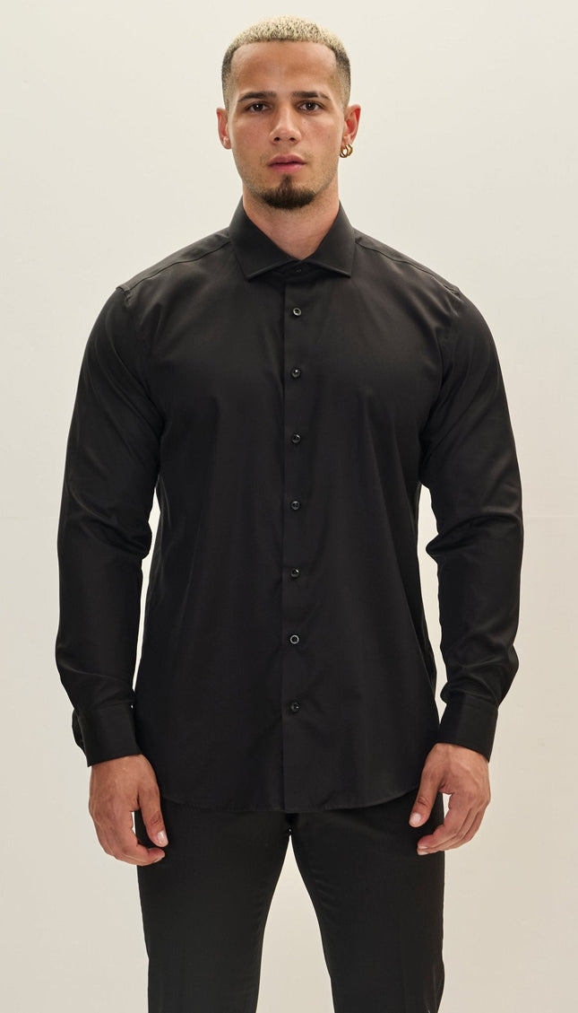 Cotton Spread Collar Dress Shirt - Black