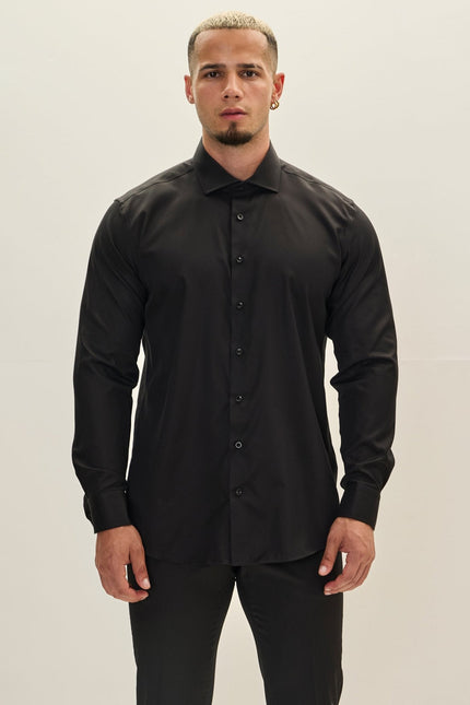 Men's Cotton Spread Collar Dress Shirt - Black | Ron Tomson